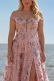 Off The Shoulder Blush Floral A Line Plus Size Long Prom Dress with Slit