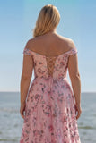 Off The Shoulder Blush Floral A Line Plus Size Long Prom Dress with Slit