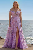Off The Shoulder Blush Floral A Line Plus Size Long Prom Dress with Slit