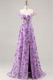 Purple Off The Shoulder Floral A-Line Sequin Long Prom Dress with Slit