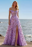 Purple Off The Shoulder Floral A-Line Sequin Long Prom Dress with Slit