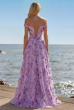 Purple Off The Shoulder Floral A-Line Sequin Long Prom Dress with Slit