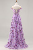Purple Off The Shoulder Floral A-Line Sequin Long Prom Dress with Slit