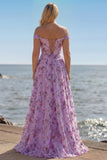 Off The Shoulder Blush Floral A Line Plus Size Long Prom Dress with Slit
