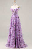 Purple Off The Shoulder Floral A-Line Sequin Long Prom Dress with Slit