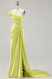 Green One Shoulder Ruched Sheath Long Prom Dress with Slit