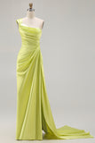 Green One Shoulder Ruched Sheath Long Prom Dress with Slit