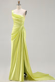Green One Shoulder Ruched Sheath Long Prom Dress with Slit