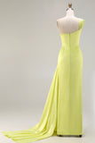Green One Shoulder Ruched Sheath Long Prom Dress with Slit
