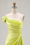 Green One Shoulder Ruched Sheath Long Prom Dress with Slit