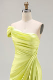 Green One Shoulder Ruched Sheath Long Prom Dress with Slit
