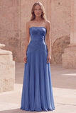 Strapless Yellow Floral A Line Pleated Long Prom Dress