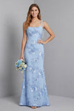 Light Blue Spaghetti Straps Mermaid Long Prom Dress with Floral Embroidery