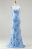 Light Blue Spaghetti Straps Mermaid Long Prom Dress with Floral Embroidery