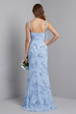 Light Blue Spaghetti Straps Mermaid Long Prom Dress with Floral Embroidery