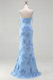 Light Blue Spaghetti Straps Mermaid Long Prom Dress with Floral Embroidery