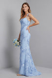 Light Blue Spaghetti Straps Mermaid Long Prom Dress with Floral Embroidery