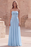 Strapless Yellow Floral A Line Pleated Long Prom Dress