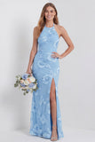 Halter Light Blue Sheath Embroidered Long Floral Dress with Slit