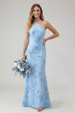 Light Blue Mermaid Halter Backless Long Prom Dress with Floral Embroidery