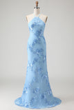 Light Blue Mermaid Halter Backless Long Prom Dress with Floral Embroidery
