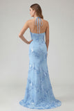 Light Blue Mermaid Halter Backless Long Prom Dress with Floral Embroidery