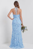Halter Light Blue Sheath Embroidered Long Floral Dress with Slit