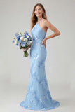 Light Blue Mermaid Halter Backless Long Prom Dress with Floral Embroidery