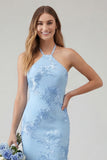 Light Blue Mermaid Halter Backless Long Prom Dress with Floral Embroidery