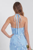 Halter Light Blue Sheath Embroidered Long Floral Dress with Slit