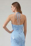 Light Blue Mermaid Halter Backless Long Prom Dress with Floral Embroidery