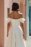 White Off the Shoulder A-Line Midi Wedding Dress