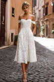 White A-Line Off the Shoulder Lace Midi Wedding Dress with Appliques