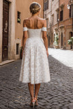 White A-Line Off the Shoulder Lace Midi Wedding Dress with Appliques
