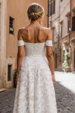 White A-Line Off the Shoulder Lace Midi Wedding Dress with Appliques