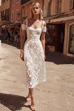 White Cold Shoulder A-Line Lace Appliqued Midi Wedding Dress