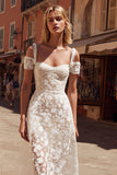 White Cold Shoulder A-Line Lace Appliqued Midi Wedding Dress