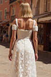 White Cold Shoulder A-Line Lace Appliqued Midi Wedding Dress