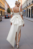 White Cold Shoulder Sheath Mini Wedding Dress with Bow