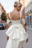 White Cold Shoulder Sheath Mini Wedding Dress with Bow