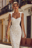 Ivory Sheath Spaghetti Straps Lace Appliqued Midi Wedding Dress