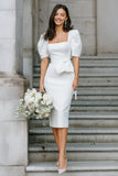 White Square Neck Sheath Midi Wedding Dress