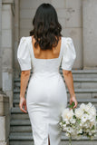 White Square Neck Sheath Midi Wedding Dress