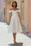 Off the Shoulder White A Line Satin Midi Wedding Dress