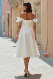 Off the Shoulder White A Line Satin Midi Wedding Dress