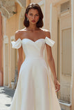 Off the Shoulder White A Line Satin Midi Wedding Dress