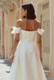Off the Shoulder White A Line Satin Midi Wedding Dress