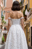 Lace Off the Shoulder White A Line Midi Wedding Dress