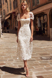 Ivory Lace A Line Midi Wedding Dress with Cap Sleeves