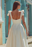 White A Line Satin Spaghetti Straps Wedding Dress
